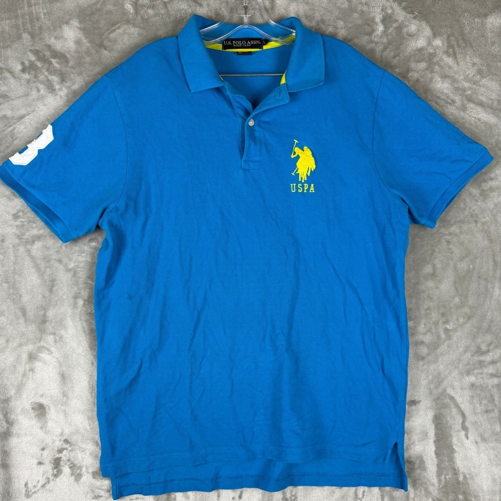 US Polo Assn Mens Blue Yellow Logo Short Sleeve Polo Shirt Size L
